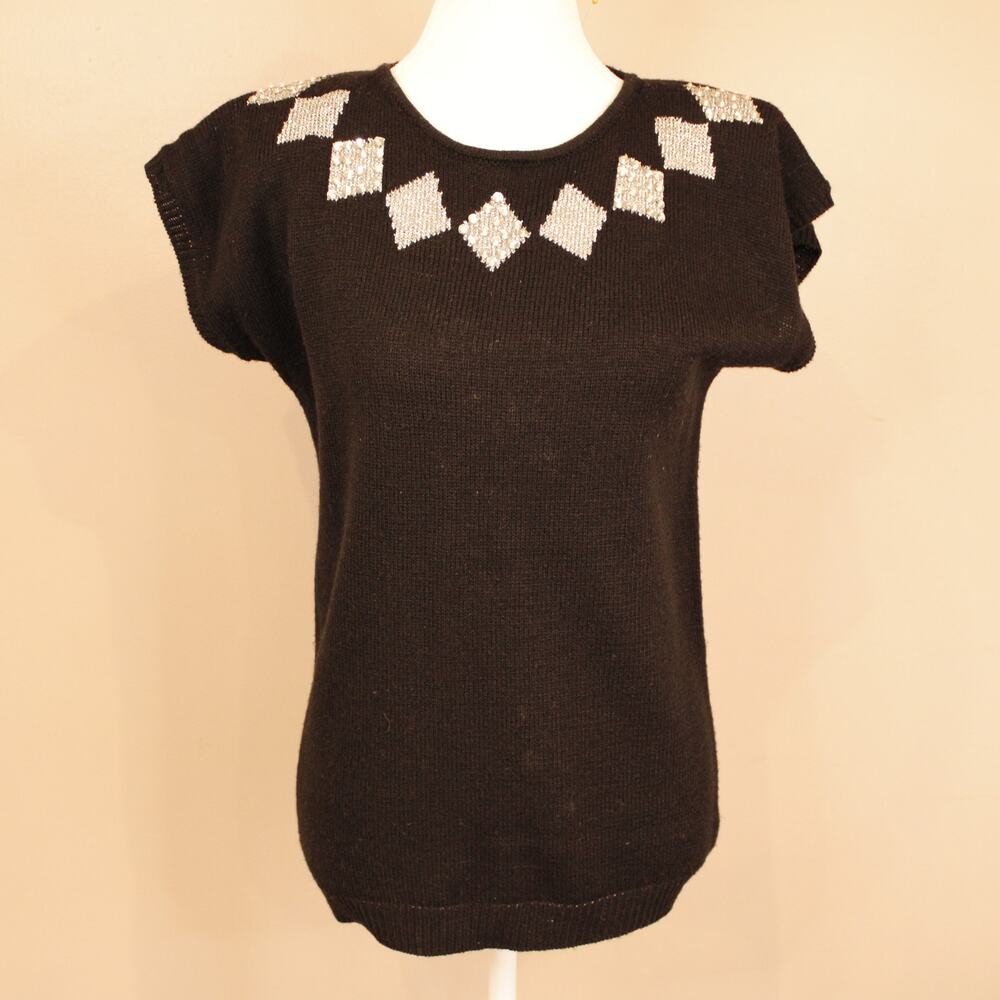 Vintage 80's Glam gladys bagley Short Sleeve Black & Silver Sequin Sweater sz S